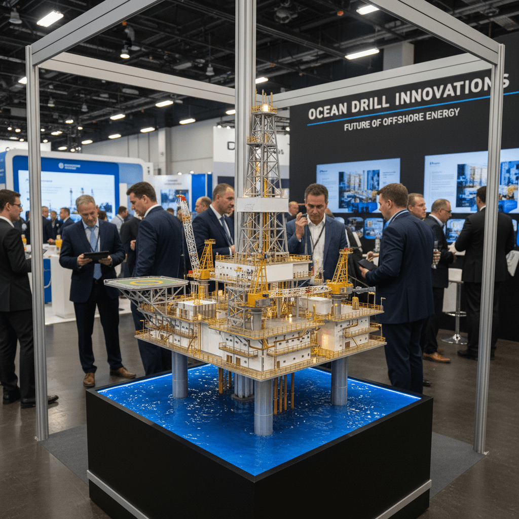 Oil rig model display at trade fair booth