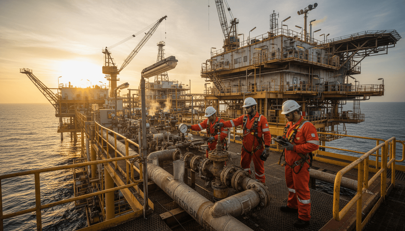 Equipe trabalhando em plataforma de óleo e gás com infraestrutura industrial ao fundo