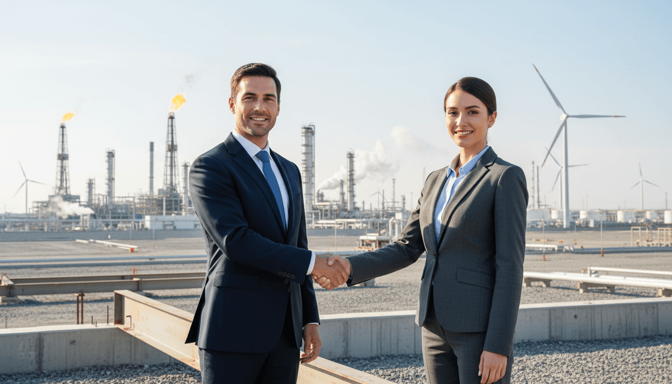 Handshake between industry professionals in front of industrial landscape.