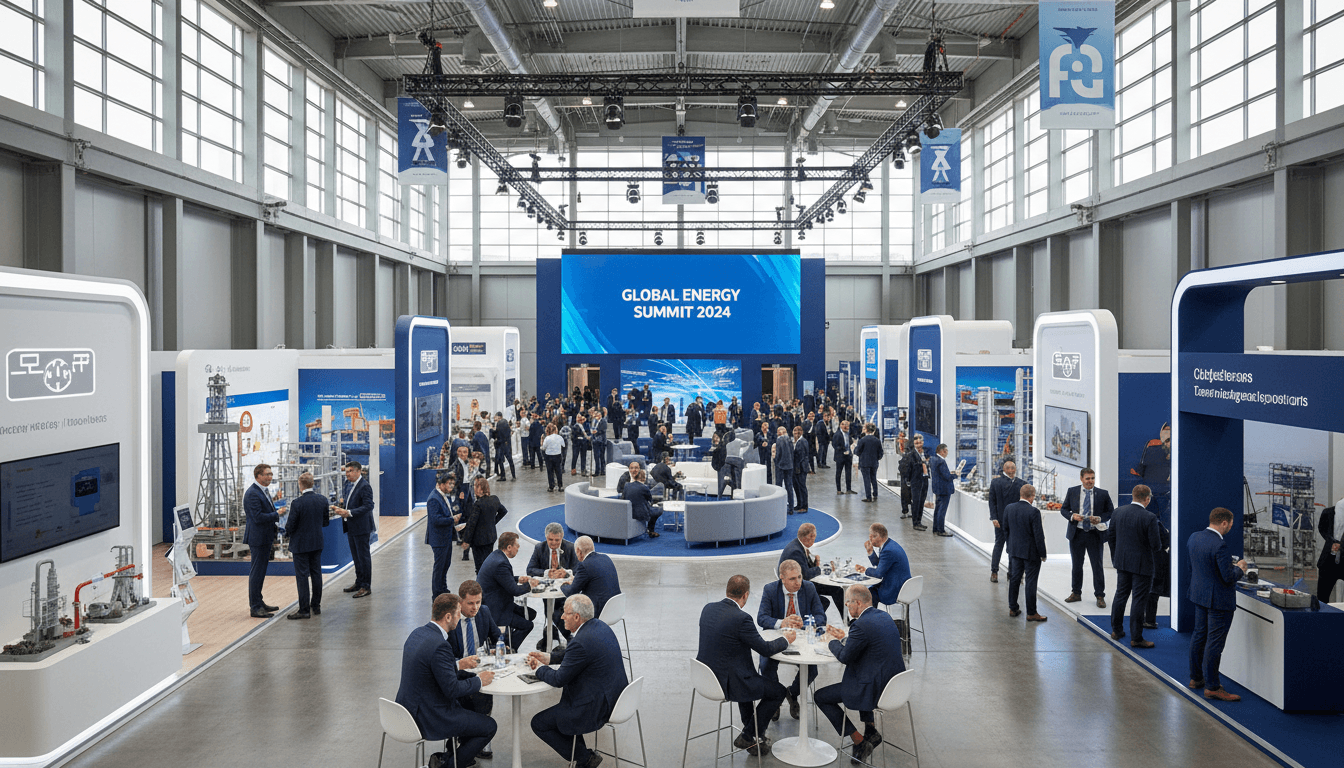 Global oil and gas conference with modern exhibition hall and professionals networking.