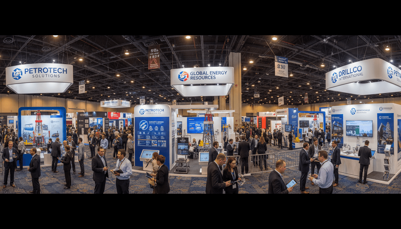 Professional oil and gas industry exhibition floor with company booths and attendees networking