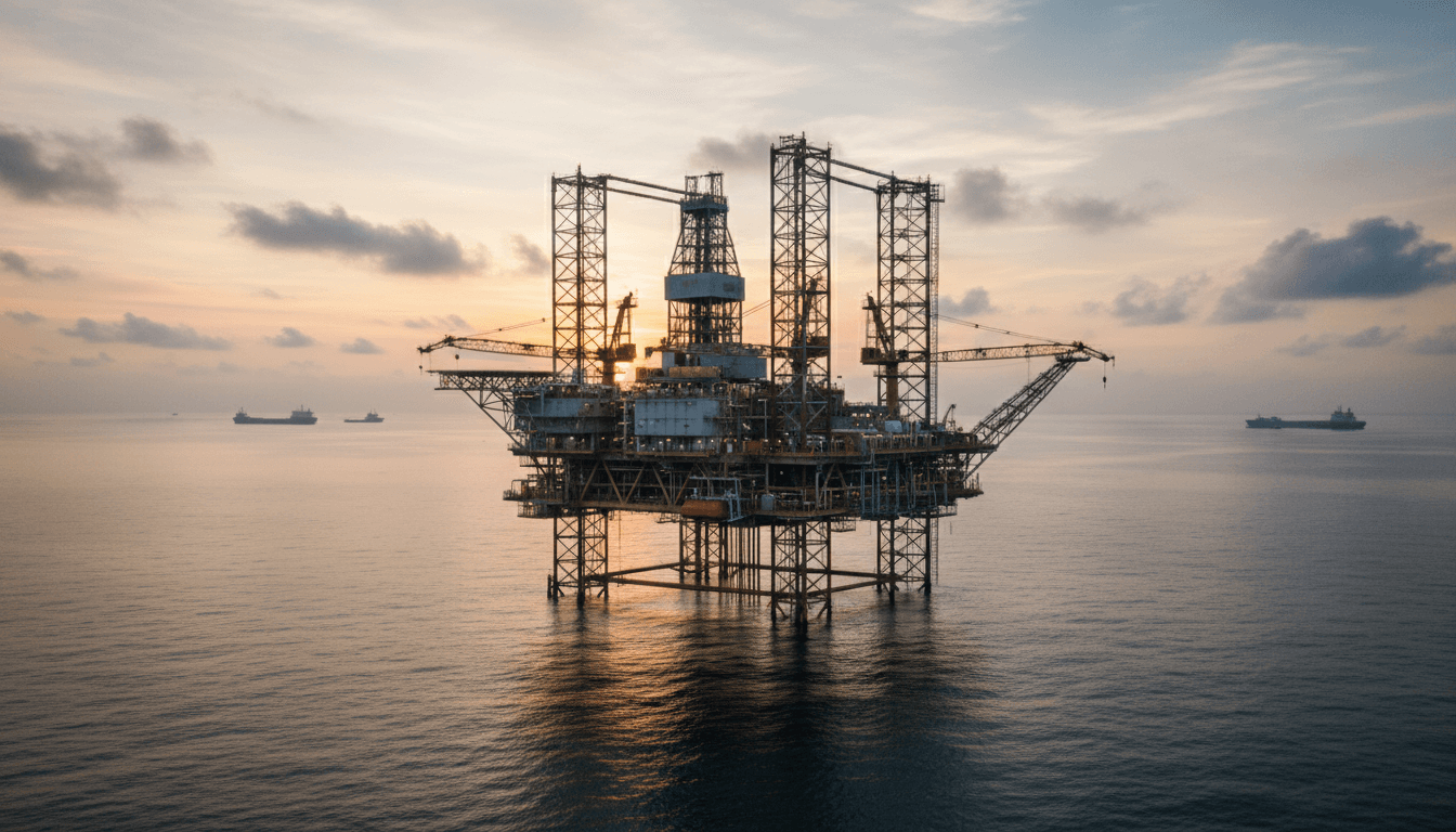 Offshore drilling platform silhouetted against dawn sky over calm ocean waters, showing industrial steel structures and equipment