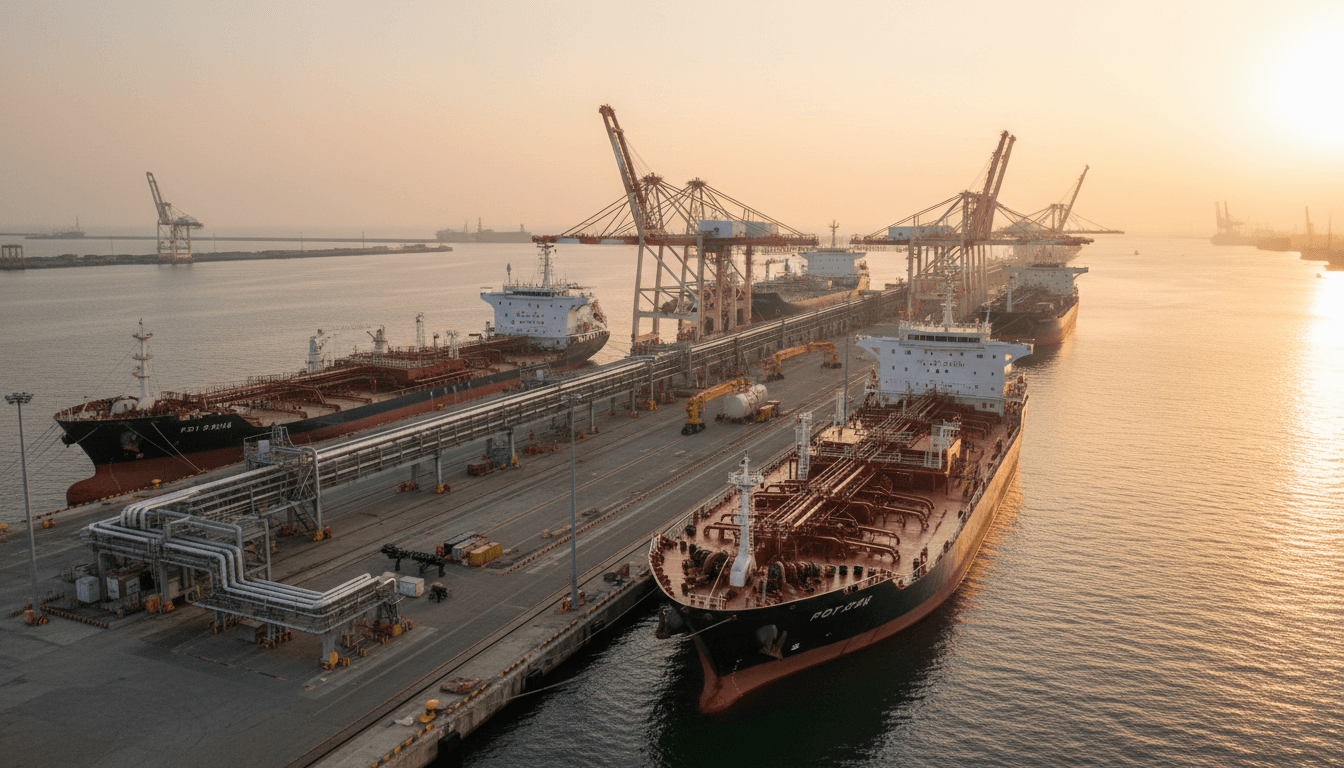 Chemical tanker vessels docked at industrial port facility with loading cranes and pipeline systems visible at golden hour