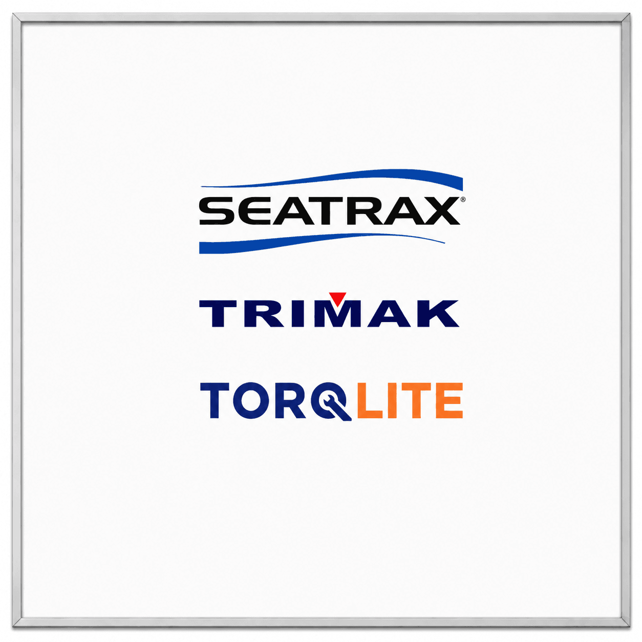Seatrax, Trimak, and Torqlite logos arranged vertically on a white background within a silver frame.