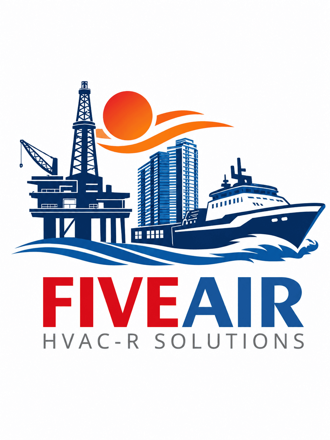 Five Air HVAC-R Solutions logo with an oil platform, buildings, a ship, and an orange sun.