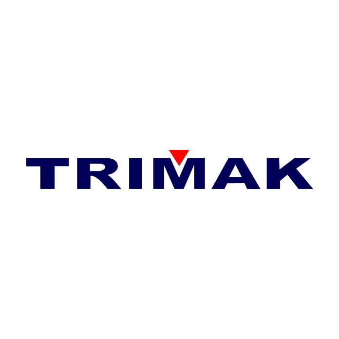 TRIMAK logo in navy blue with a small inverted red triangle over the letter M.